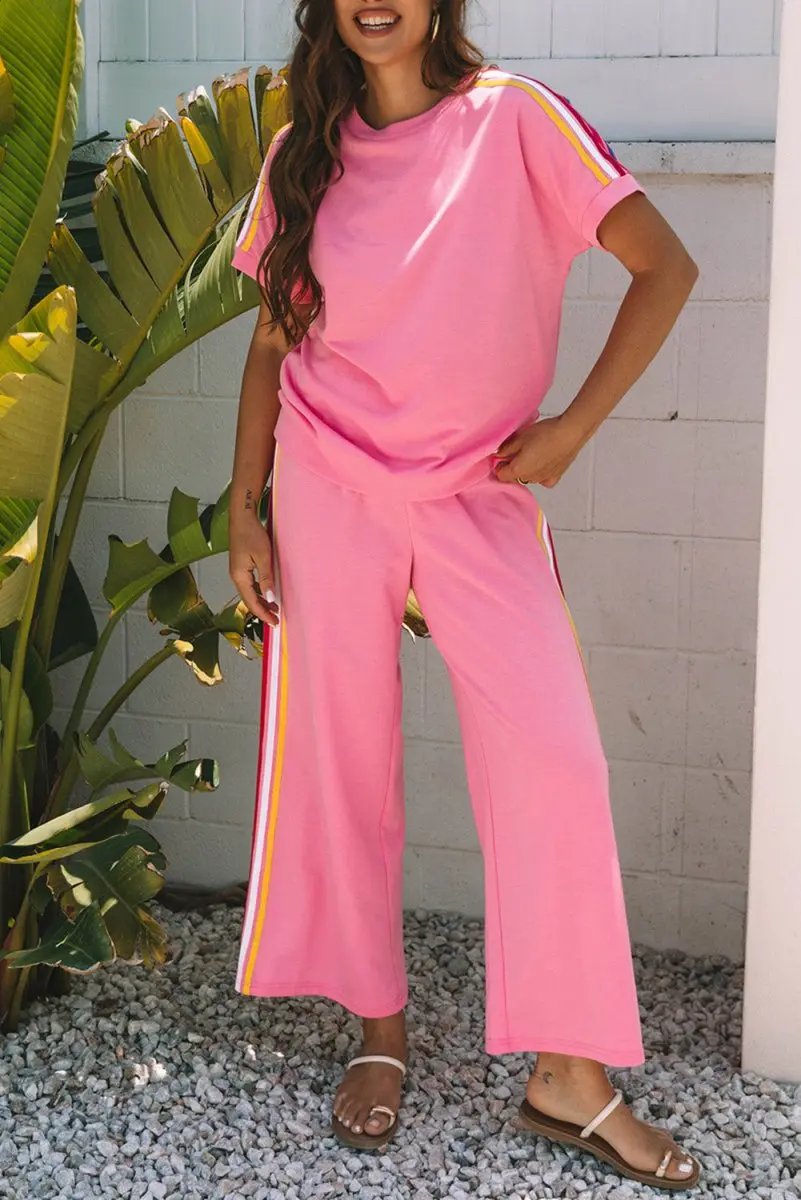 Bonbon Color Contrast Crewneck T Shirt and Wide Leg Pants Set - Love Salve